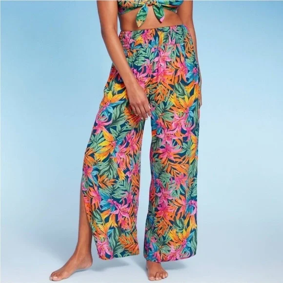Women's Smocked Waist Side Slit Cover Up Pants - Multi Tropical
Floral Print - Picture 3 of 8